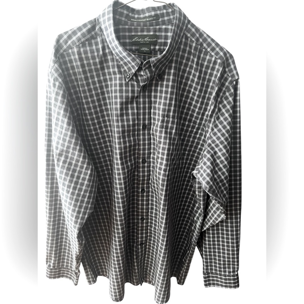 Eddie Bauer Men's Plaid Shirt with Charcoal Gray and White Coloring.  Size = XL.